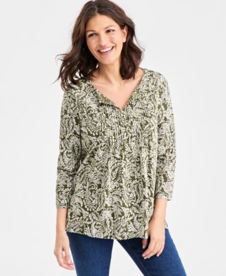 Style & Co - Women's Paisley Split-Neck Pintucked Knit Top