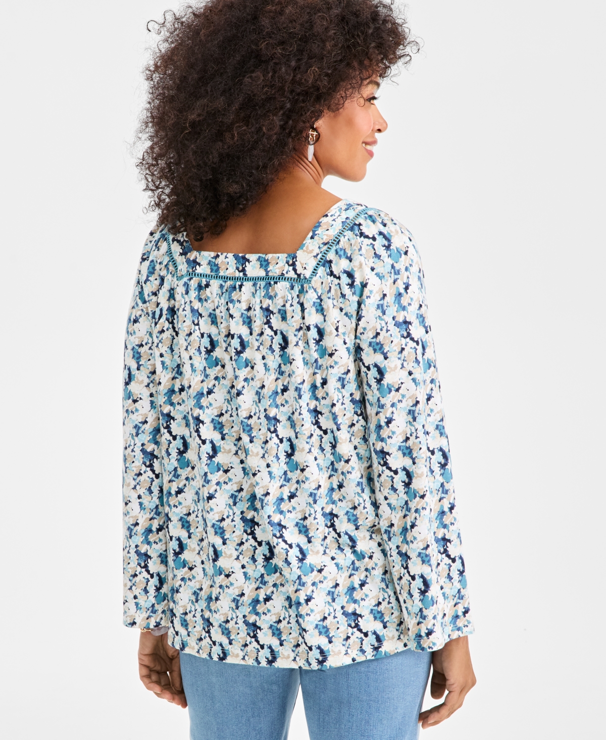 Style & Co Women's Printed Square-neck Long Flutter-sleeve Top, Macy's Exclusive In Blue