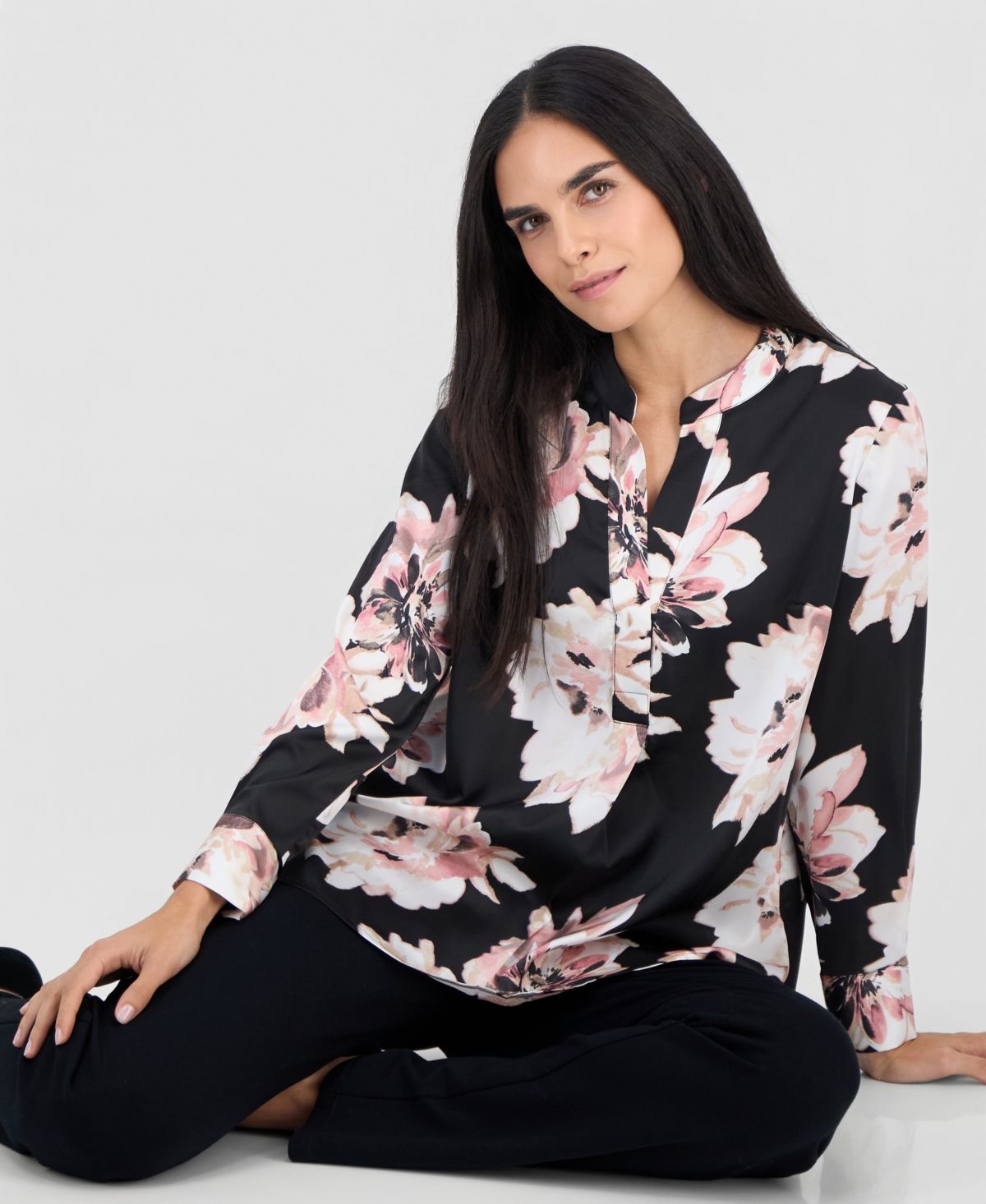 Anne Klein Petite Floral Satin Popover Blouse