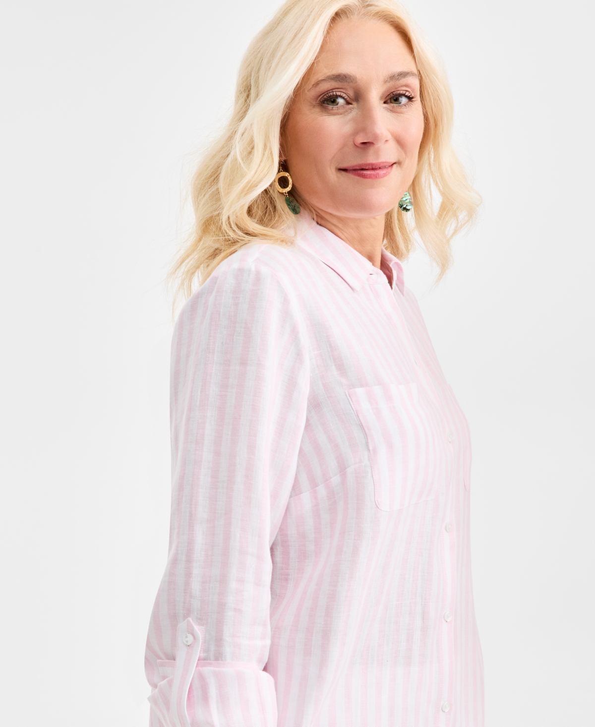 Charter Club Plus Size 100% Linen Striped Button-front Shirt, Macy's Exclusive In Pink