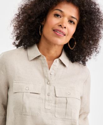 Petite Elbow-Sleeve Utility Pop-Over Shirt, Macy's Exclusive