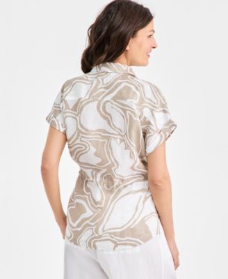 Women's 100% Linen Printed Drawstring-Waist Top, Macy's Exclusive