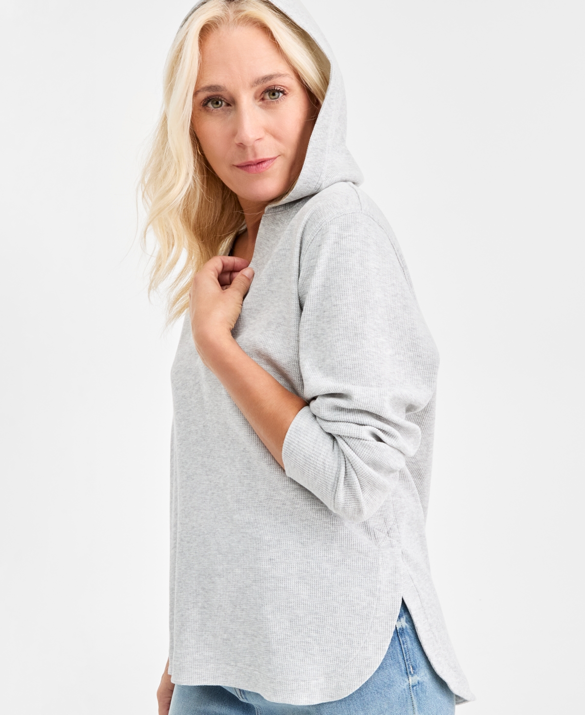 Style & Co Women's Waffle-knit Long-sleeve Hooded Top, Macy's Exclusive In White