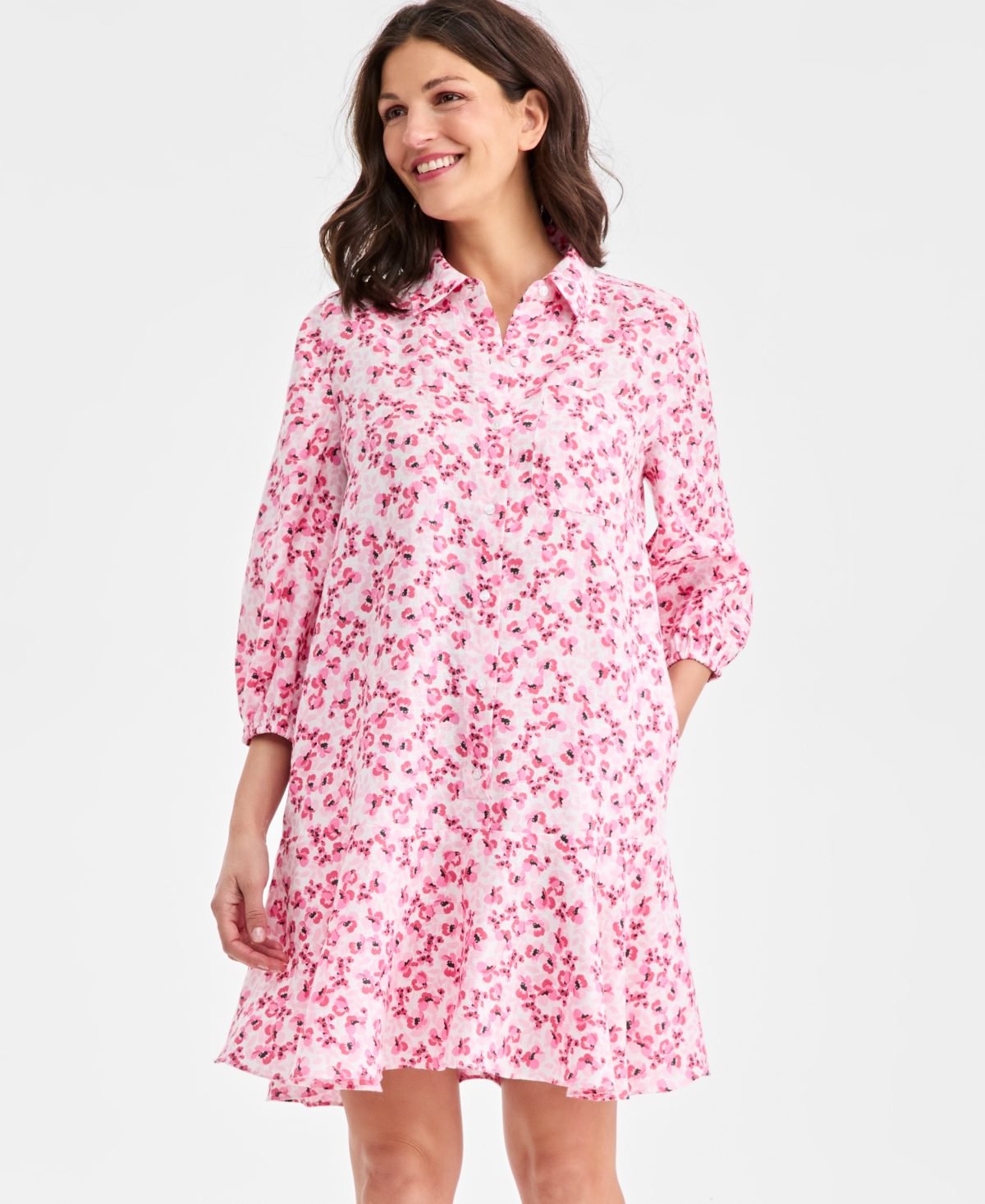 Charter Club Women's 100% Linen Tile Button-Front 3/4-Sleeve Dress, Macy's Exclusive