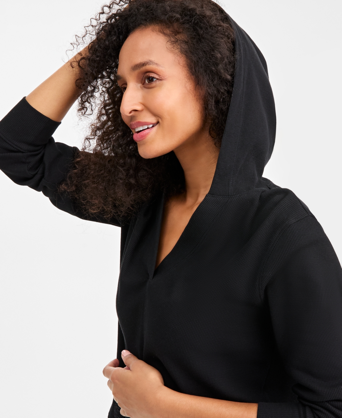 Style & Co Women's Waffle-knit Pullover Hoodie, Macy's Exclusive In Black