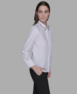 Women's Collared Long Sleeve Embellished Top