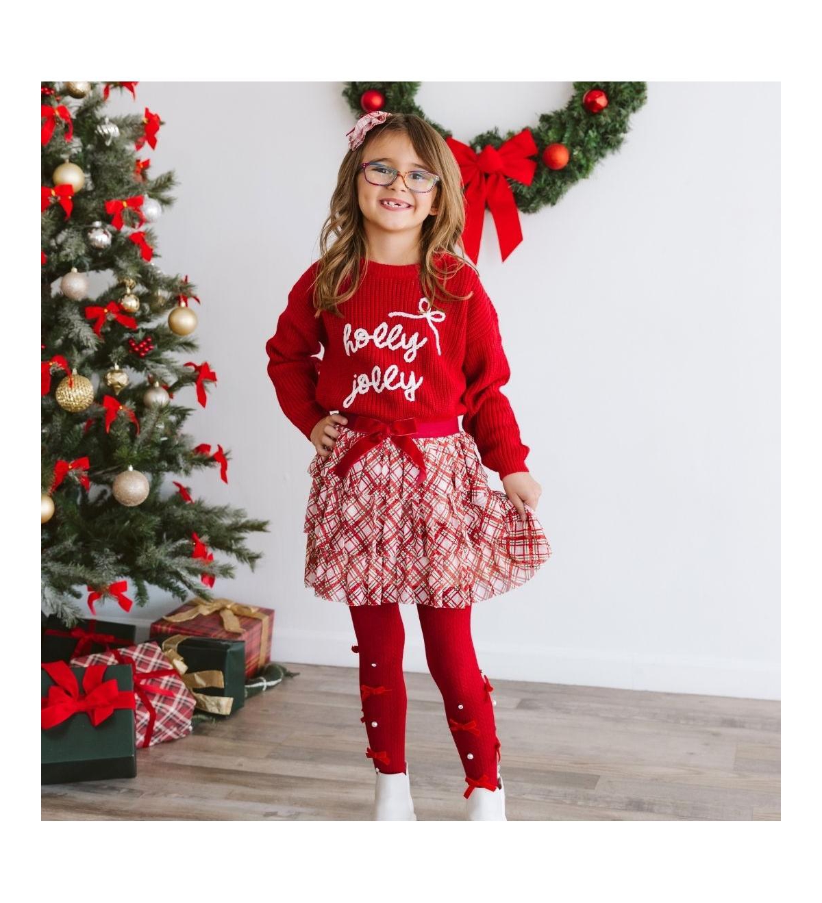 Sweet Wink Little and Big Girls Christmas Plaid Bow Tiered Tutu Skirt