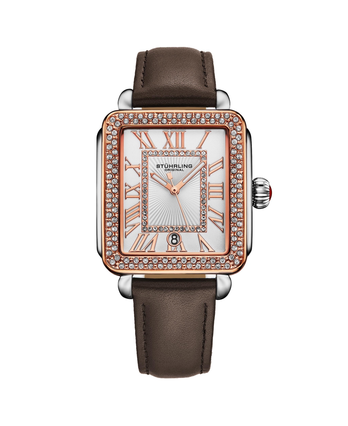 Elegant Women s Rectangular 35×47mm Dress Watch – Model 4060L.5, Rose Gold Crystal Bezel, Silver Case, Brown Leather Strap