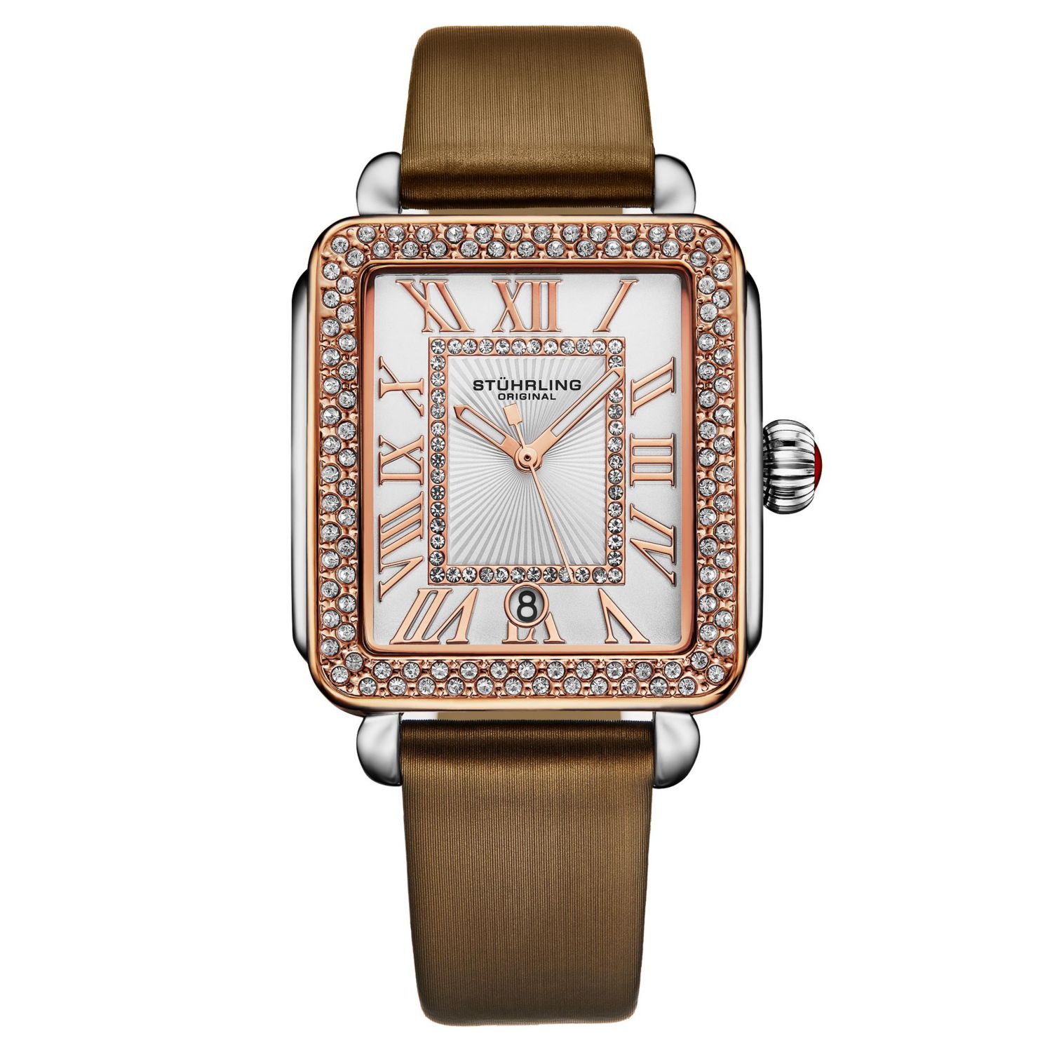 Elegant Women s Rectangular 35x47mm Dress Watch - Model 4060L.5, Rose Gold Crystal Bezel, Silver Case, Brown Leather Strap