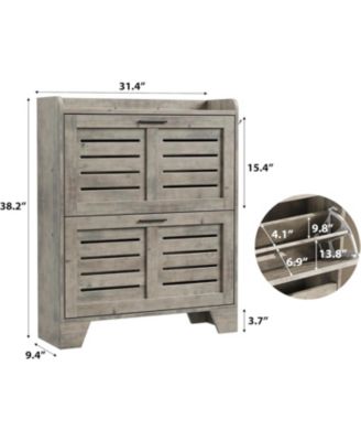 Shoe Storage Cabinet with 2 Flip Drawers, Narrow Shoe Cabinet for Entryway, Freestanding Hidden Slim Shoe Organizer Cabinet with Hooks, Gray