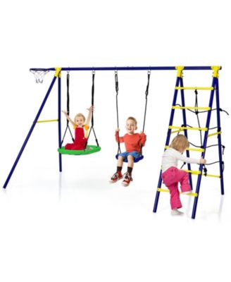5-in-1 Outdoor Kids Swing Set with A-Frame Structure and Ground Stake