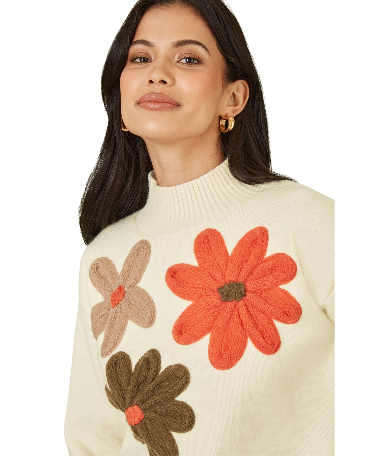 Yumi Women's Floral Detail High Neck Knit Sweater