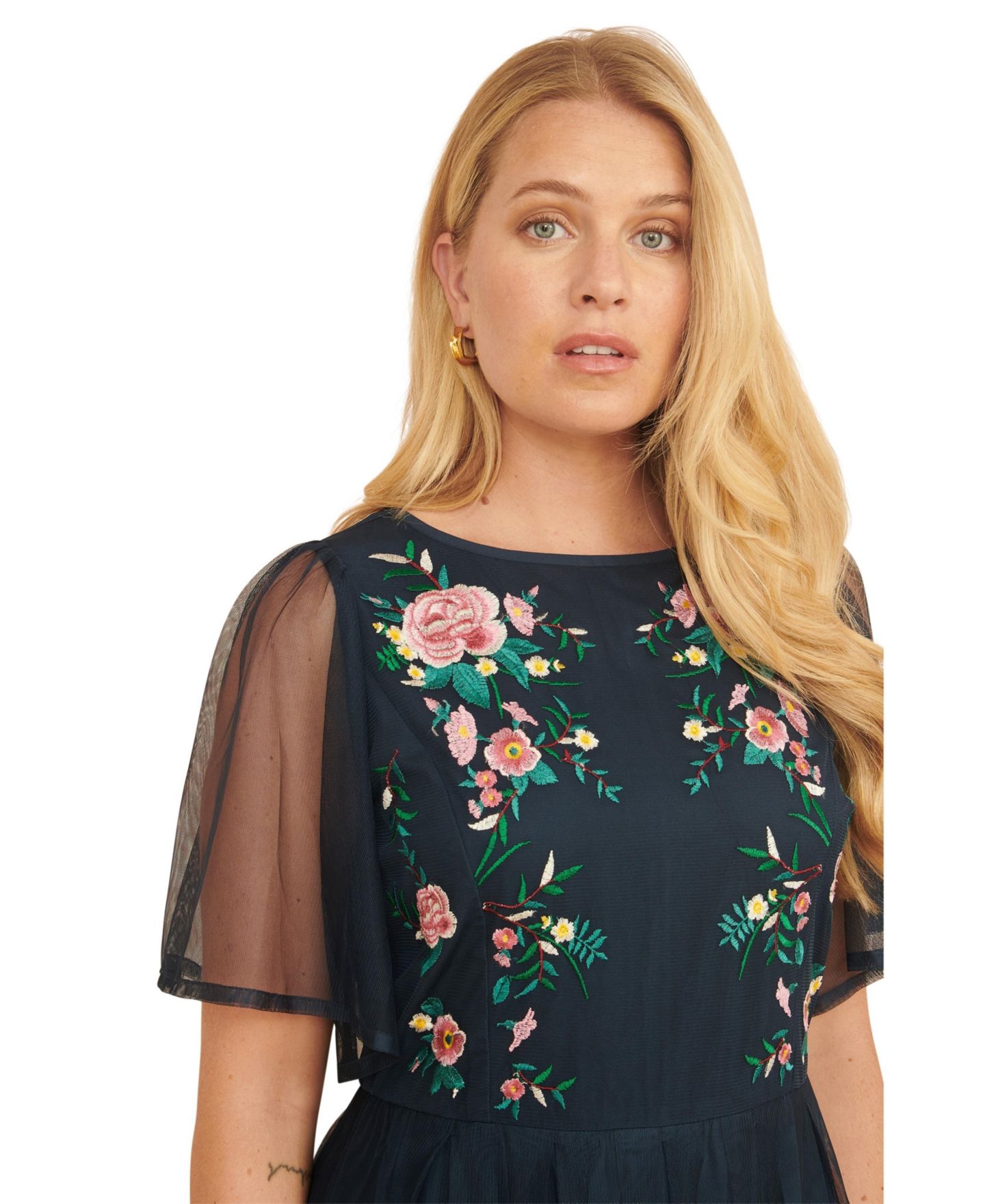 Женское платье Yumi Embroidered Mesh Sleeve Prom, цвет: Тёмно-синий — фото 6