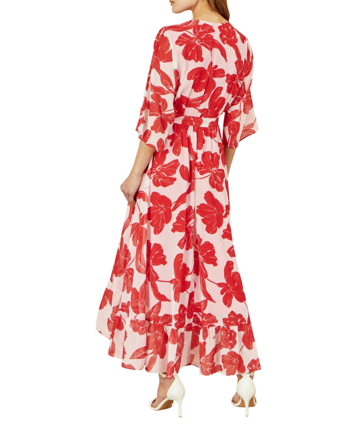 Yumi Women's Kimono Sleeves Dip Hem Wrap Midi Dress