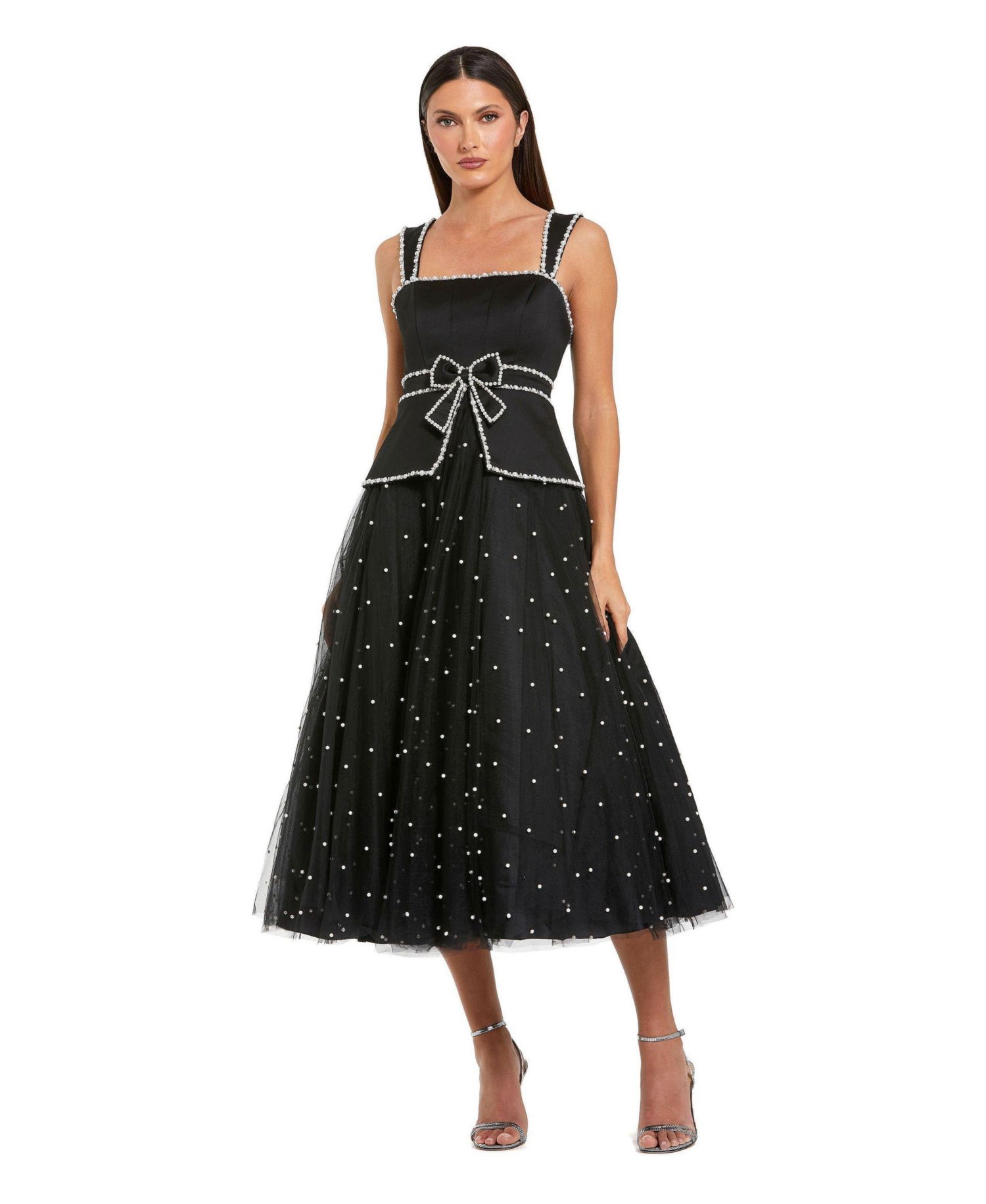 Women's Sleeveless Embellished Crepe And Tulle Midi Dress