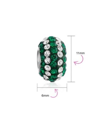 Set of 2 Green White Striped Crystal Bead Charm for European Bracelet Sterling Silver Core