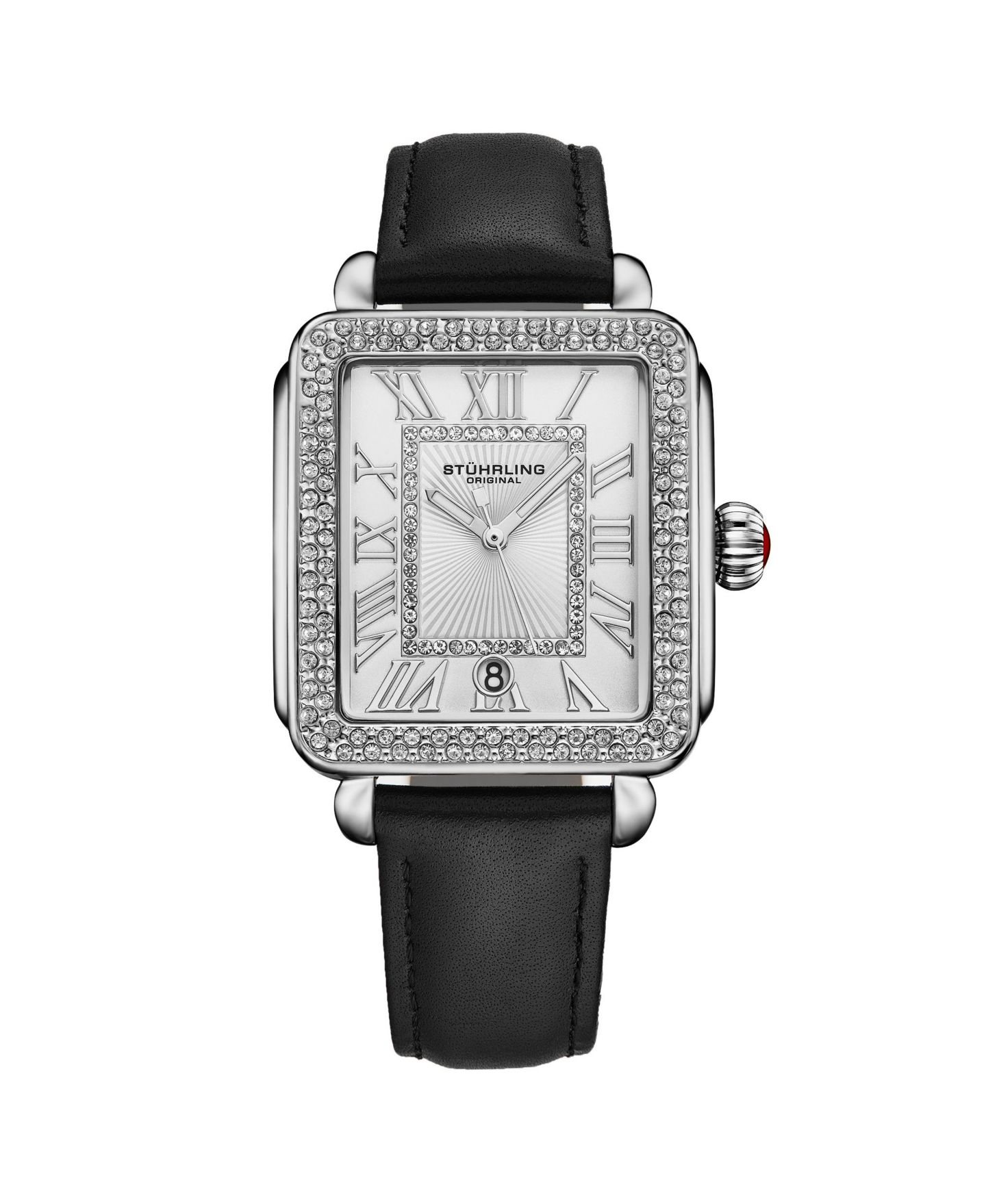 Женские часы Stuhrling Elegant Women s Rectangular 35x47mm Dress Watch - Model 4060L.1, Silver Case, Black Leather Strap, Crystal Bezel — фото 1