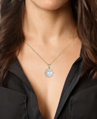 Cultured Freshwater Pearl (9.5-10mm) and Lab Created White Sapphire Pendant Necklace (0.08 ct. t.w.) in Sterling Silver with 14k Gold Plating