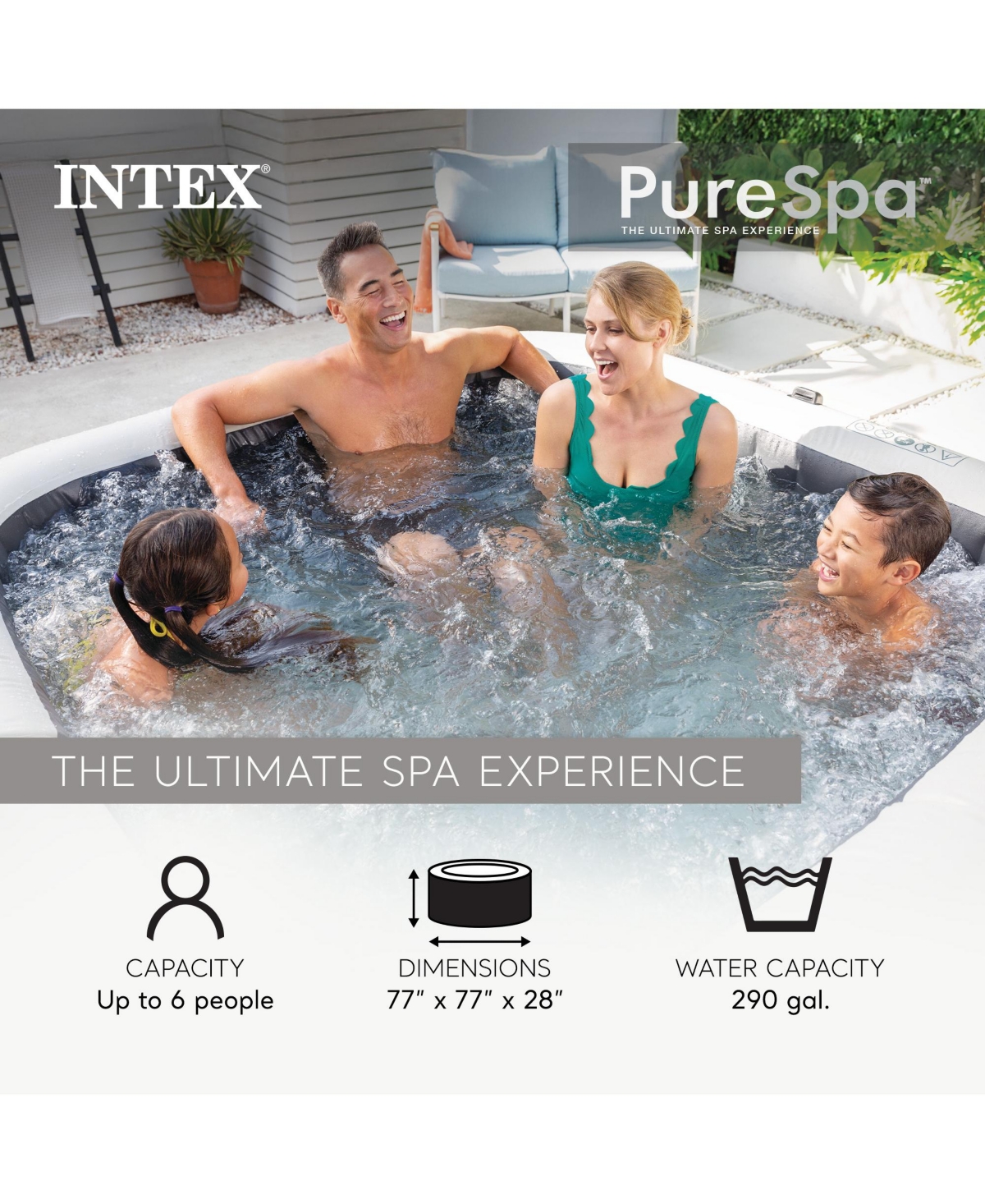 Intex PureSpa Greystone Deluxe Spa Set, 170 Bubble Jet Hot Tub with Cover, 77"x28"