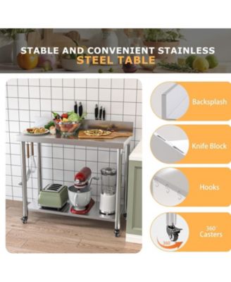48"x18" 304 Stainless Steel Backsplash, 2 Shelves, Knife Blocks, Locking Wheels Commercial Prep Table