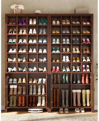 Tall Shoe Storage Cabinet with Doors, Farmhouse Wooden Shoe Rack with 24 Cubbies & 3 Hidden Shelves