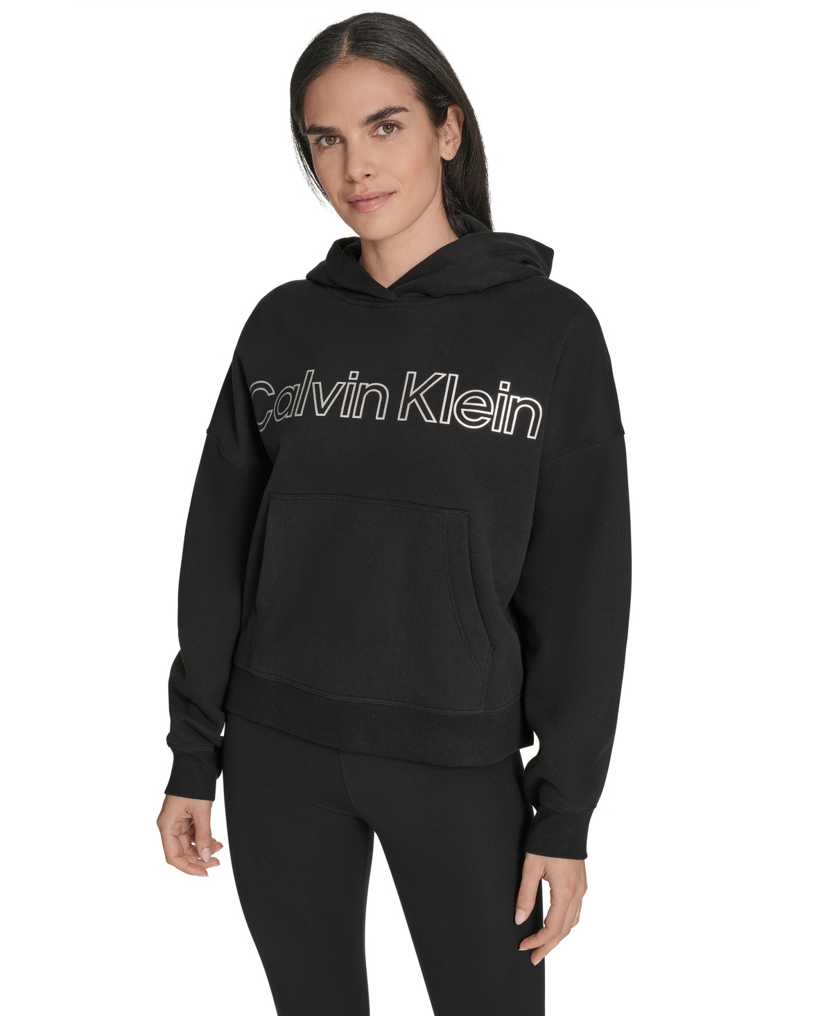Calvin Klein Women's Performance Metallic Outline Logo Fleece Hoodie In Black