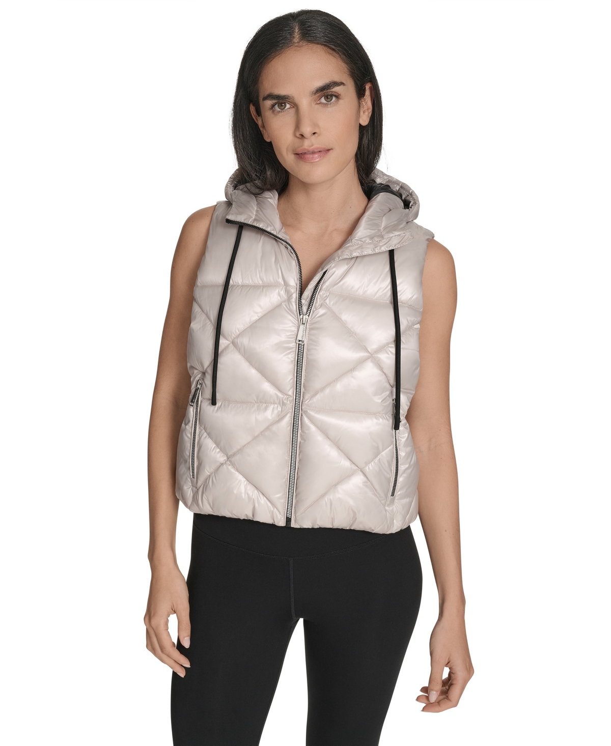 Calvin Klein Women's Performance Diamond Quilt Hooded Puffer Vest In Gray