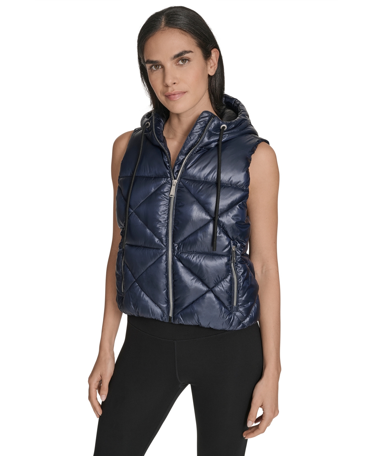 Calvin Klein Women's Performance Diamond Quilt Hooded Puffer Vest In Black