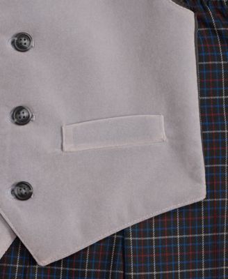 Boys' 2T-7 Gray Velvet Vest, Shirt, Bow Tie and Plaid Pants,4-Piece Set