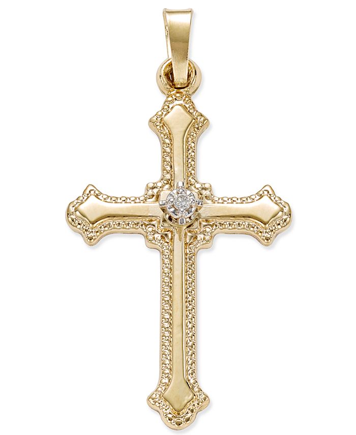 Macy's Diamond Accent Beaded-Edge Cross Pendant in 14k Yellow Gold - Macy's