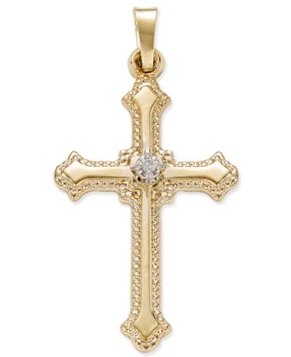 Macy's Diamond Accent Beaded-Edge Cross Pendant in 14k Yellow Gold - Macy's