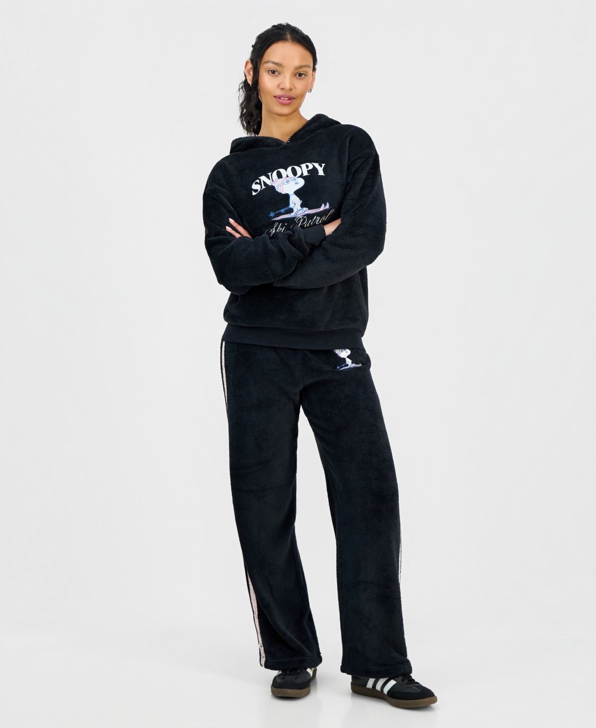 Love Tribe Juniors' Snoopy Ski Patrol Plush Hoodie In Black