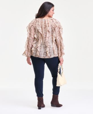 Plus Size Printed Long-Sleeve Ruffled Blouse, Macy's Exclusive 