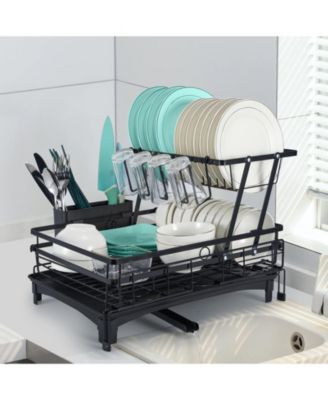 2-Tier Collapsible Expandable Dish Rack with Swivel Drain Spout and Rust-Resistant Stainless Steel Frame