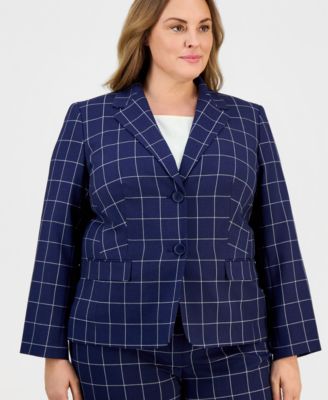 Plus Size Windowpane Check Notch Collar Pantsuit