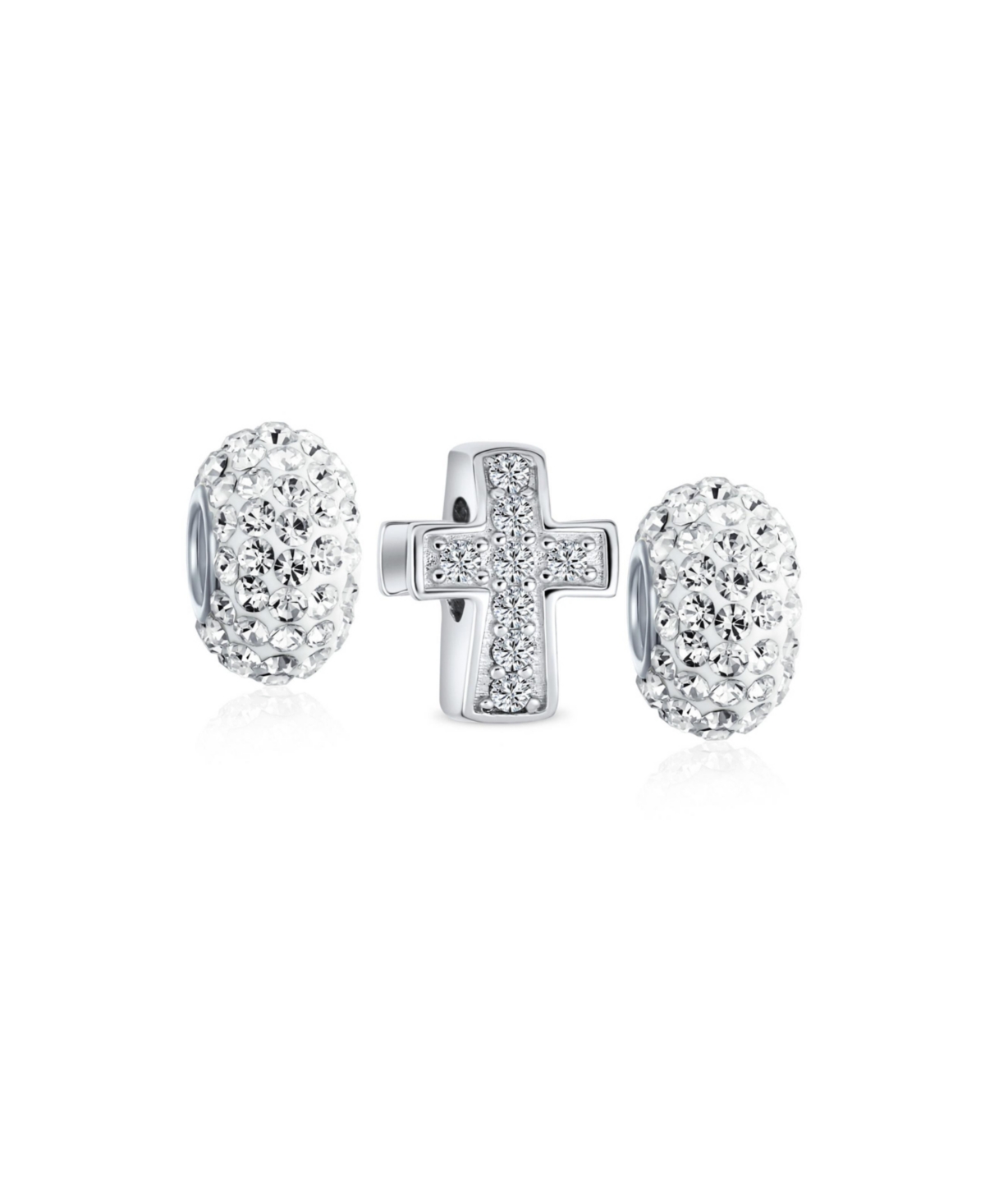 Bling Jewelry Set of 3 Simple Sparkling Cz Cross & Solid Spacer White Clear Charm Bead Sterling Silver