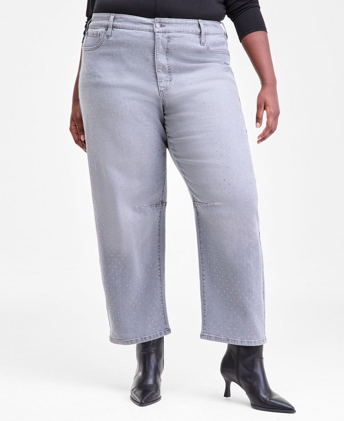 I.N.C. International Concepts Plus Size High Rise Rhinestone Barrel-Leg Jeans, Macy's Exclusive view 3 — MAYCSS fashion products
