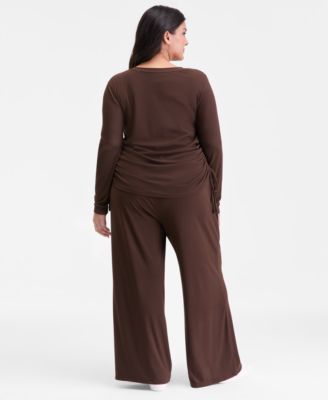 Inc International Concepts Plus Size Side Tie Top Wide Leg Pants Macys Exclusive In Brown