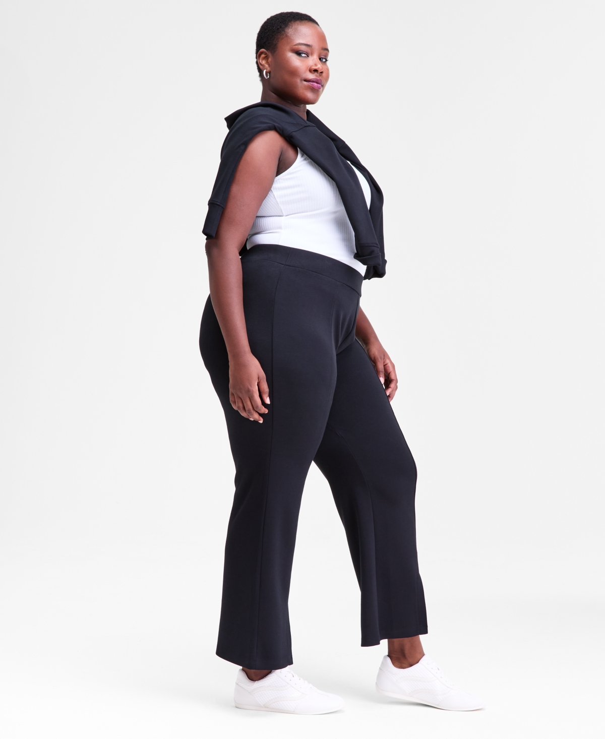 Inc International Concepts Plus Size Pull-on Split-hem Flare Pants, Macy's Exclusive In Black