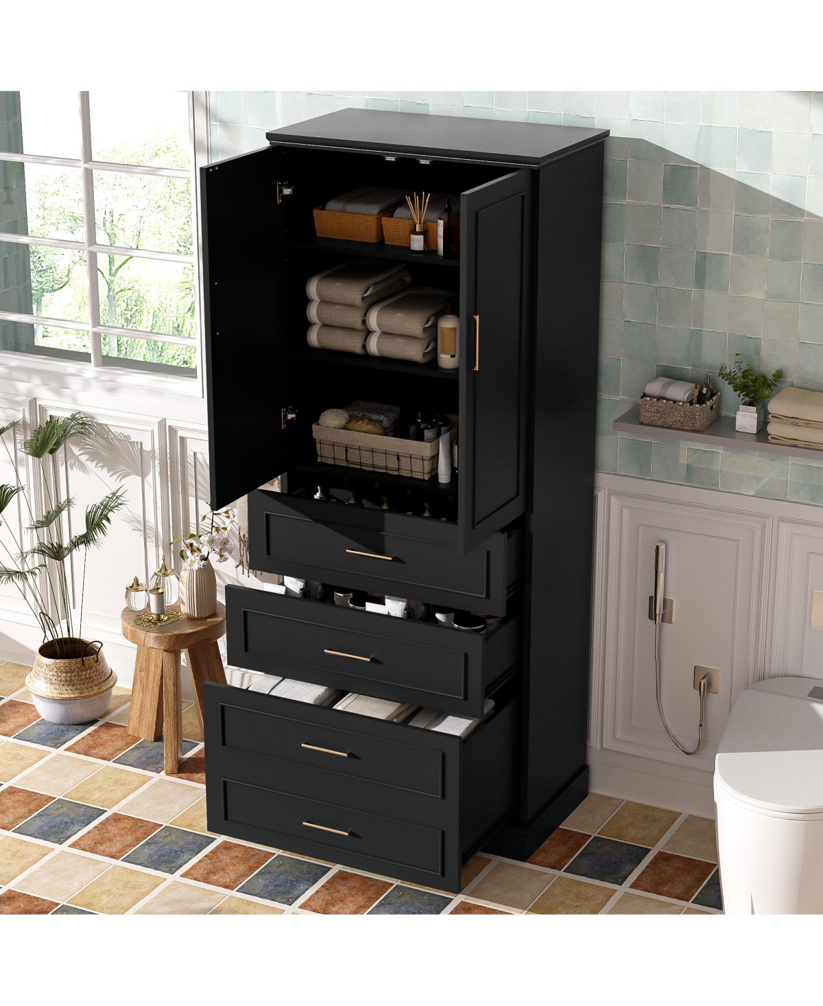 Lovmor 72inch Tall Freestanding Bathroom Cabinet with 3 Drawers Partitioned Standard Deep Adjustable Shelf Modern Elegant Style Soft Close Doors