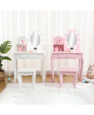 Vanity Desk with Mirror and Lights, Small Vanity Table and Chair Set, Wooden Makeup Desk Dressing Table with Drawers & 3 Light Modes