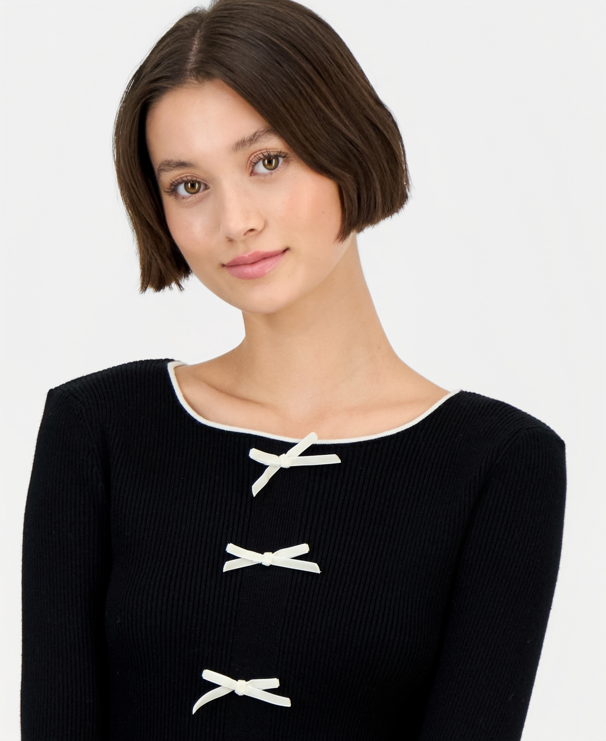 Madden Girl Juniors' Crewneck Bow-Trim Long-Sleeve Sweater