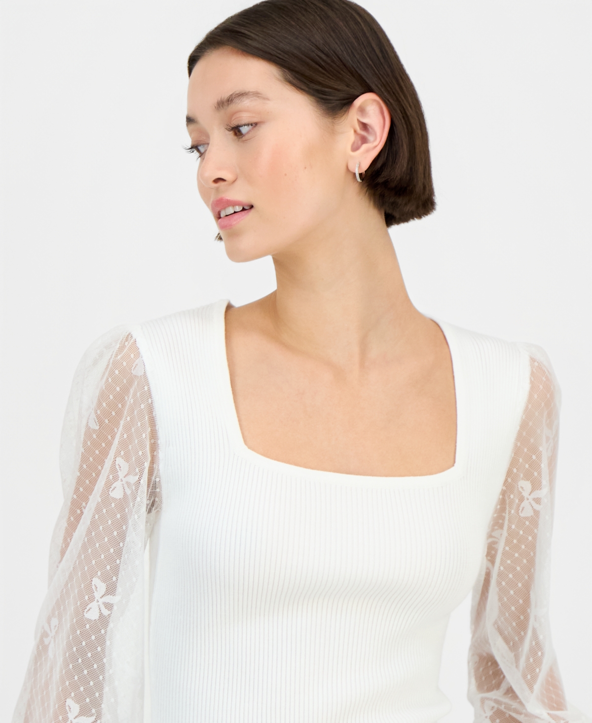 Madden Girl Juniors' Square-Neck Bow-Mesh Sleeve Top