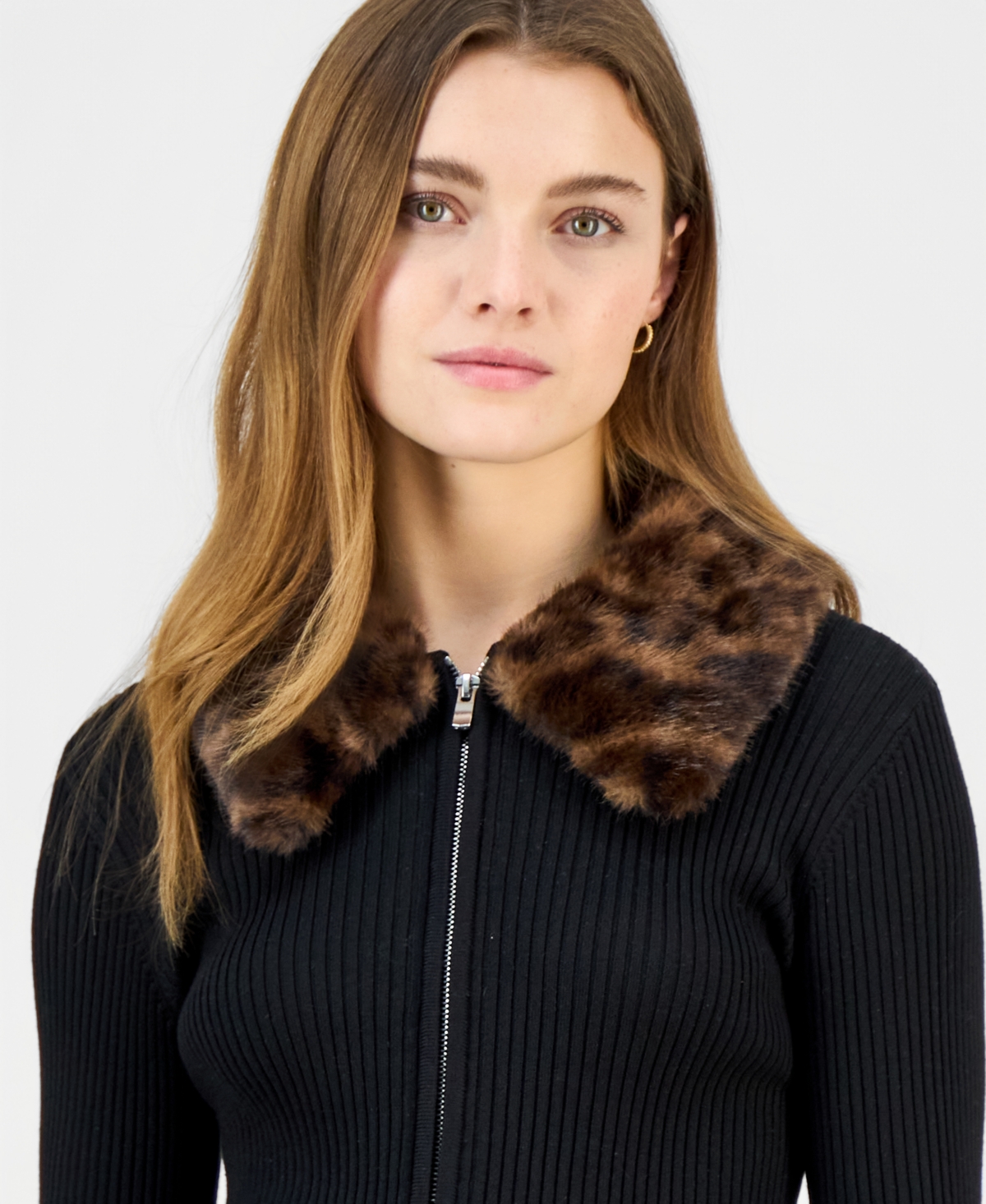 Madden Girl Juniors' Faux-fur-collar Zip-up Sweater In Black