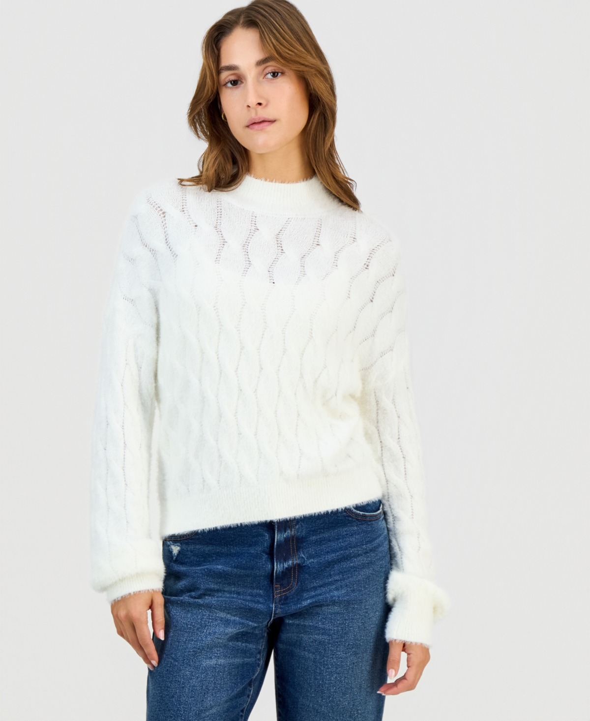 Hippie Rose Juniors' Mock-neck Eyelash-cable Knit Sweater In White