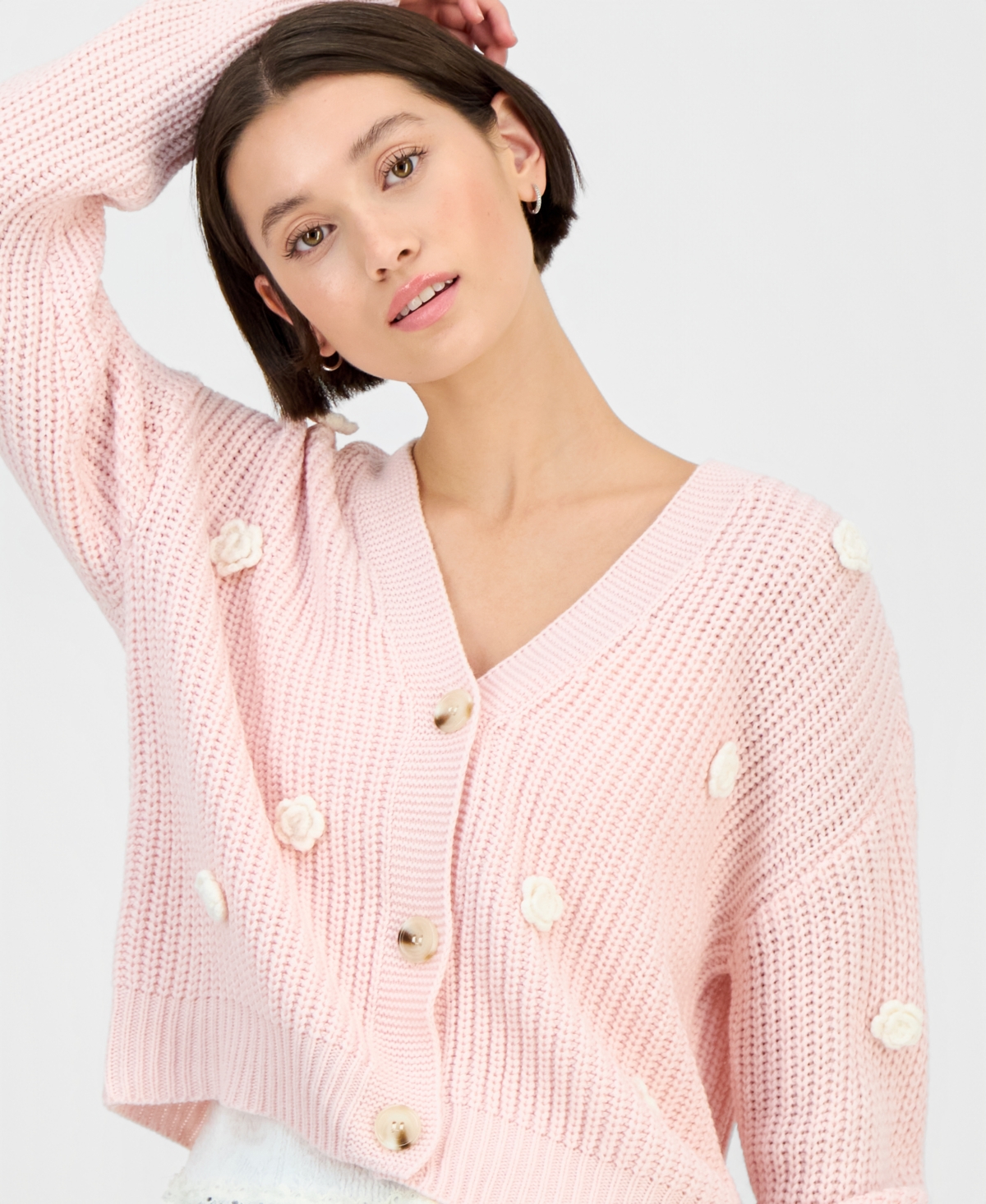 Ultra Flirt Juniors' Novelty Floral Three-Button Cardigan Sweater