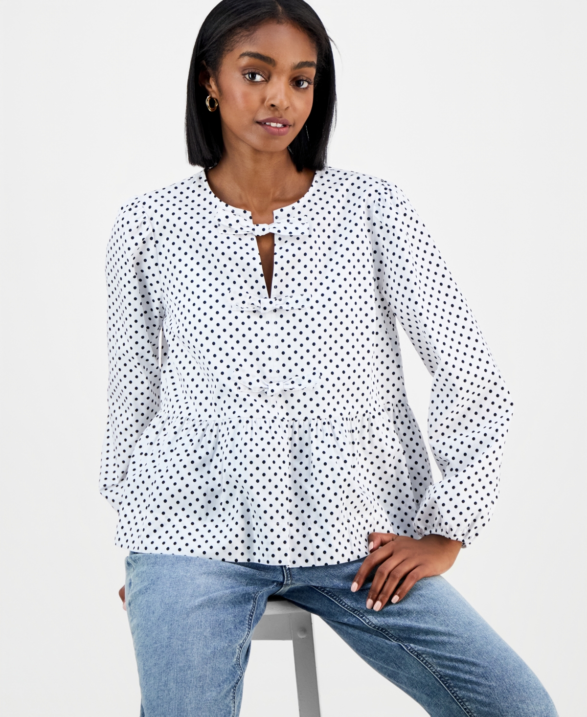 Nautica Jeans Women's Dot-Print Bow-Trim Cotton Peplum Blouse