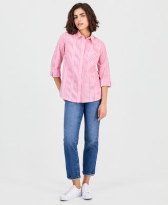 Women's Stripe Button-Front Roll-Tab-Sleeve Cotton Shirt 
