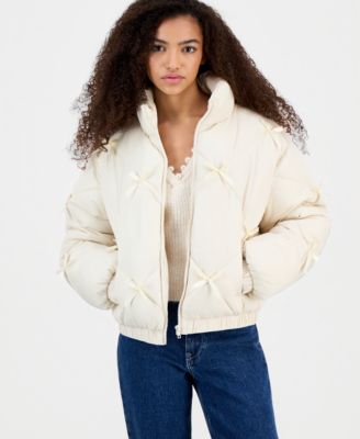 Juniors' Diamond Quilted Bow Puffer Jacket