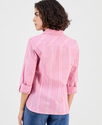 Women's Stripe Button-Front Roll-Tab-Sleeve Cotton Shirt 